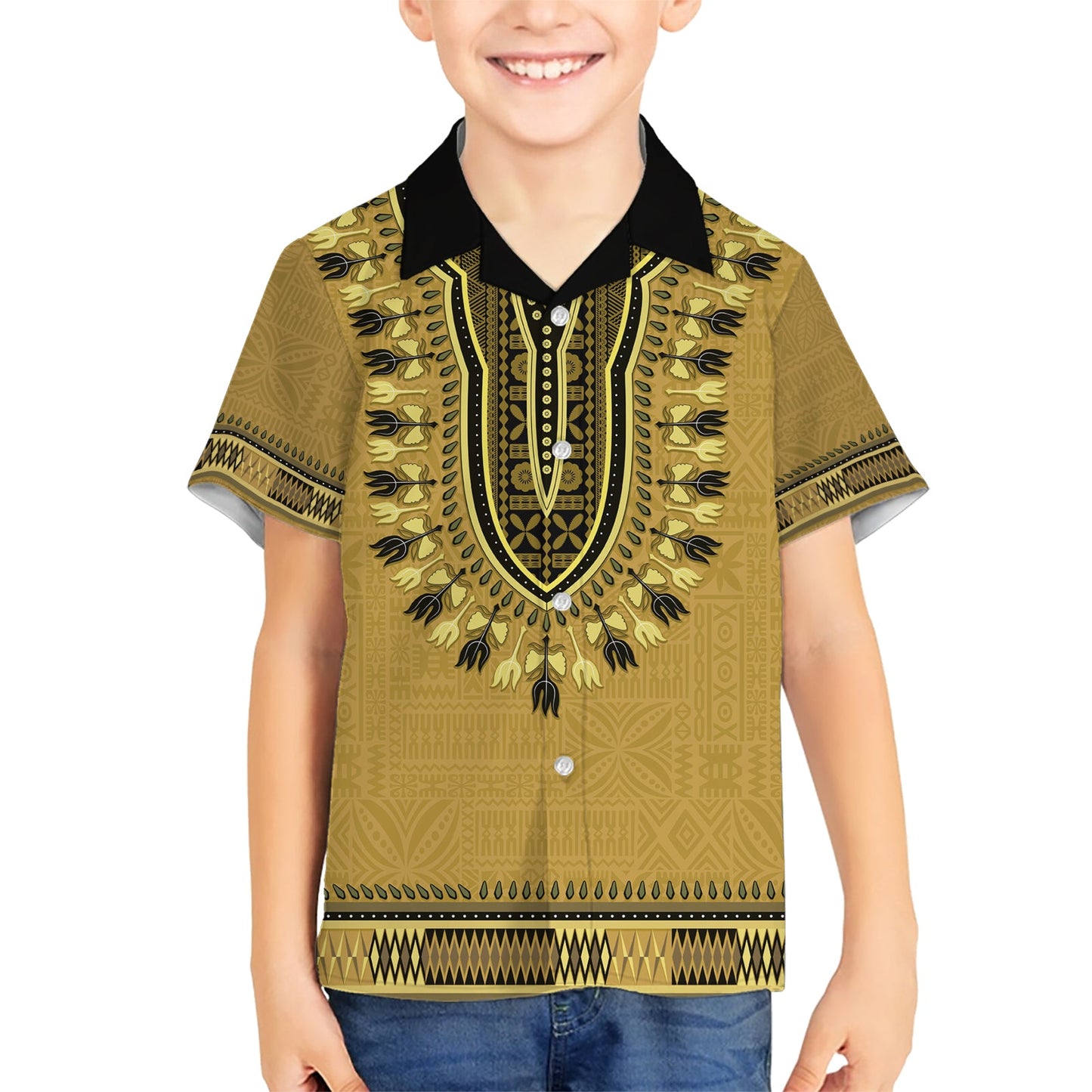 Goldfarbenes afrikanisches Dashiki mit fidschianischem Tapa-Muster, Hawaiihemd LT14