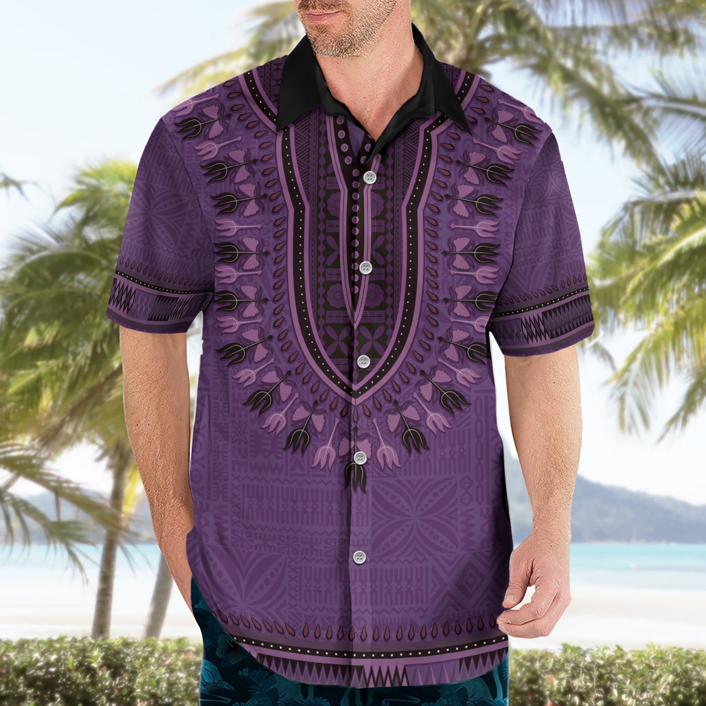 Lila afrikanisches Dashiki mit fidschianischem Tapa-Muster Hawaiihemd LT14