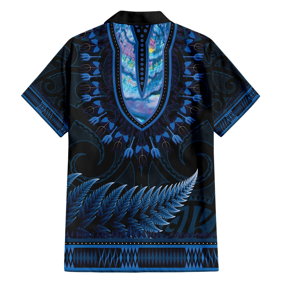 Blaues afrikanisches Dashiki mit Aotearoa Maori Hawaiihemd Paua Muschel Mix Silber Farn LT14
