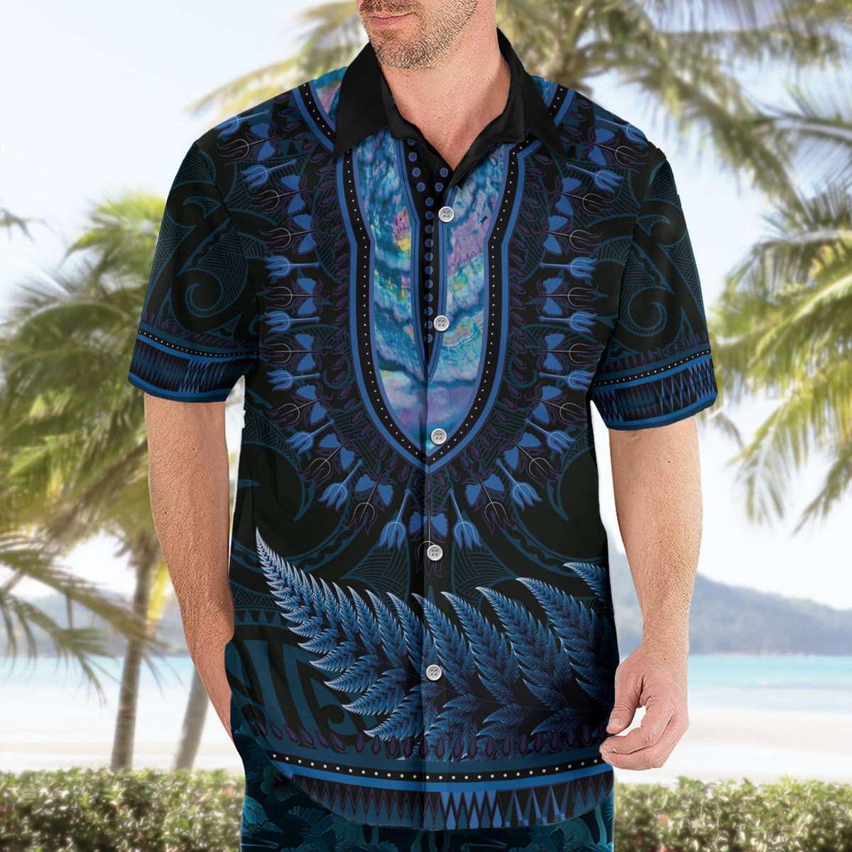 Blaues afrikanisches Dashiki mit Aotearoa Maori Hawaiihemd Paua Muschel Mix Silber Farn LT14