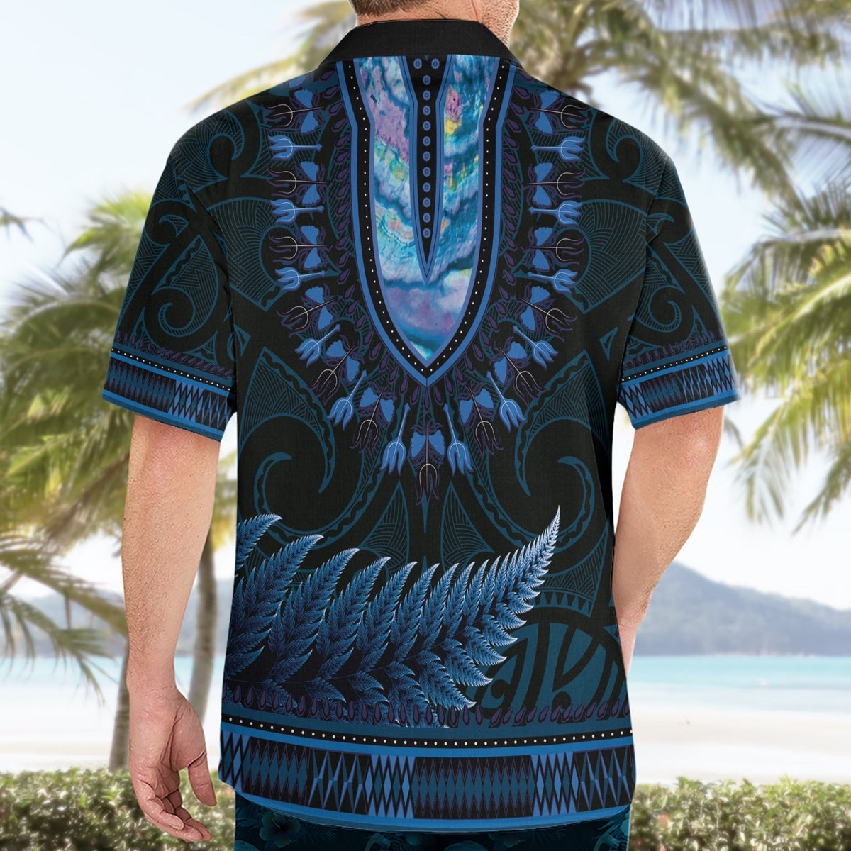 Blaues afrikanisches Dashiki mit Aotearoa Maori Hawaiihemd Paua Muschel Mix Silber Farn LT14
