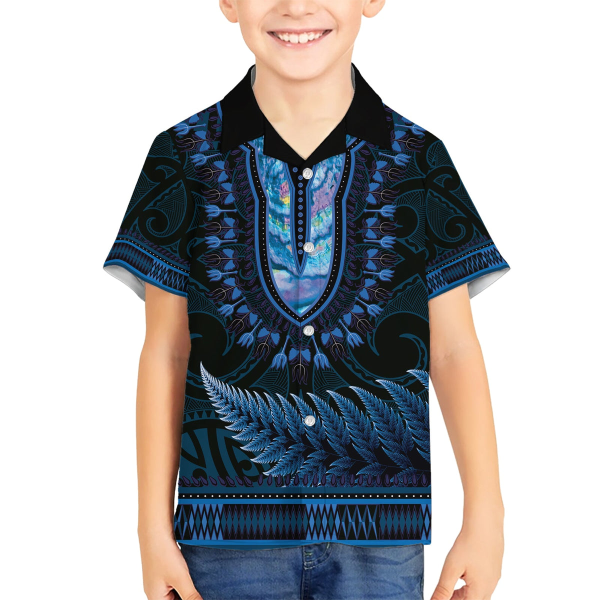 Blaues afrikanisches Dashiki mit Aotearoa Maori Hawaiihemd Paua Muschel Mix Silber Farn LT14