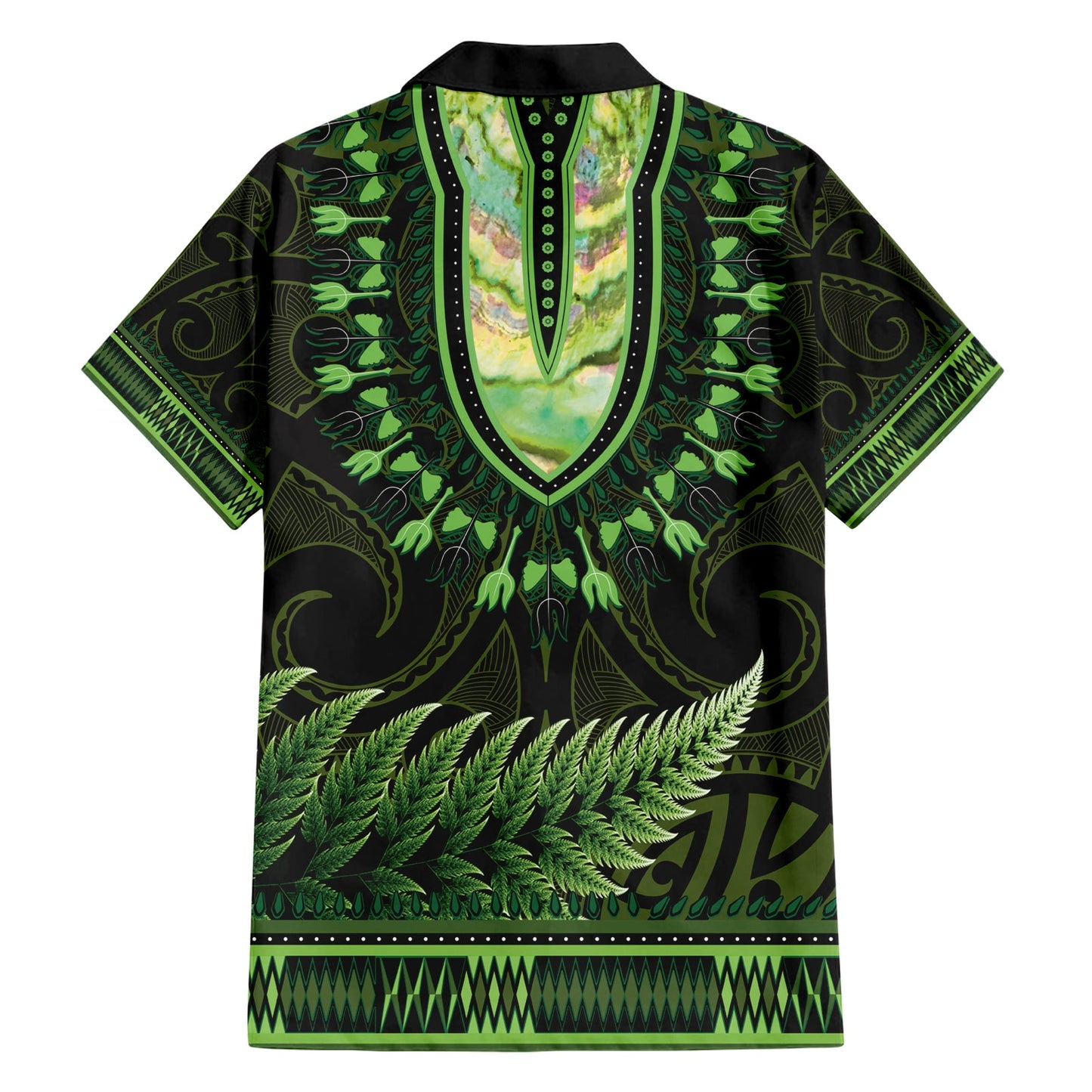 Hellgrünes afrikanisches Dashiki mit Aotearoa Maori Hawaiihemd Paua Muschel Mix Silberfarn LT14