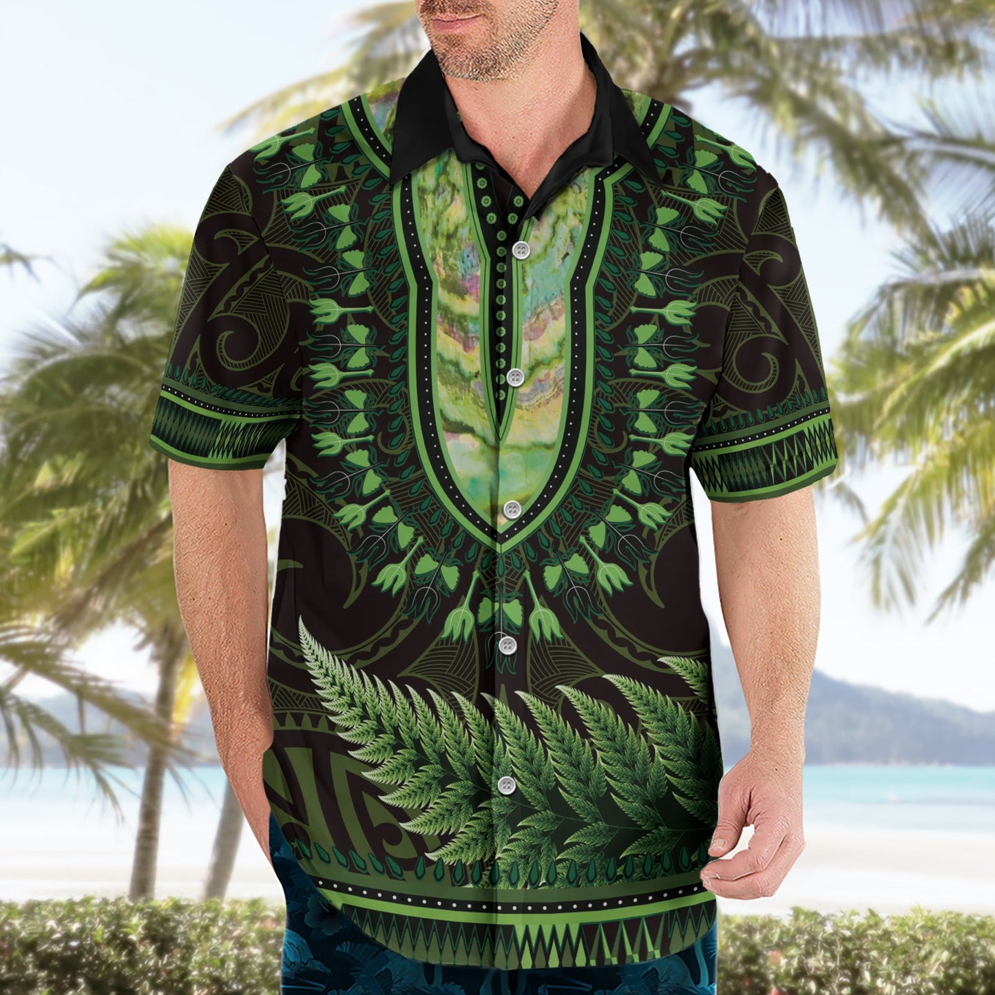 Hellgrünes afrikanisches Dashiki mit Aotearoa Maori Hawaiihemd Paua Muschel Mix Silberfarn LT14