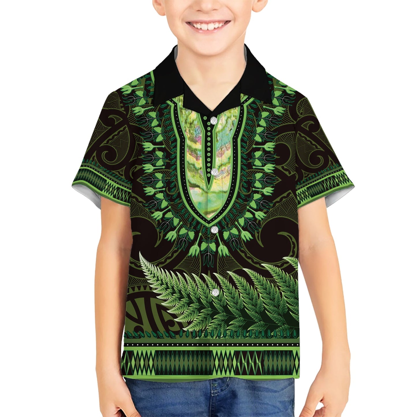 Hellgrünes afrikanisches Dashiki mit Aotearoa Maori Hawaiihemd Paua Muschel Mix Silberfarn LT14