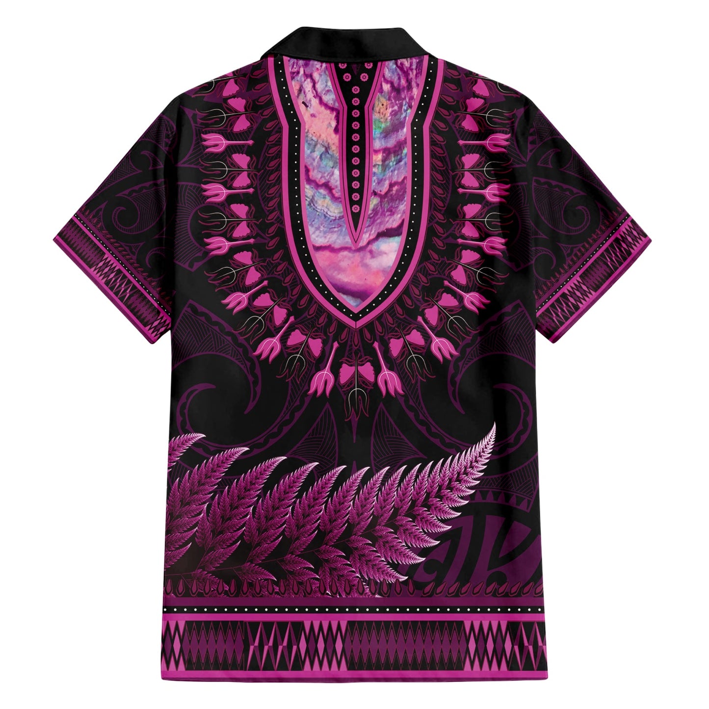 Rosa afrikanisches Dashiki mit Aotearoa Maori Hawaiihemd Paua Muschel Mix Silber Farn LT14