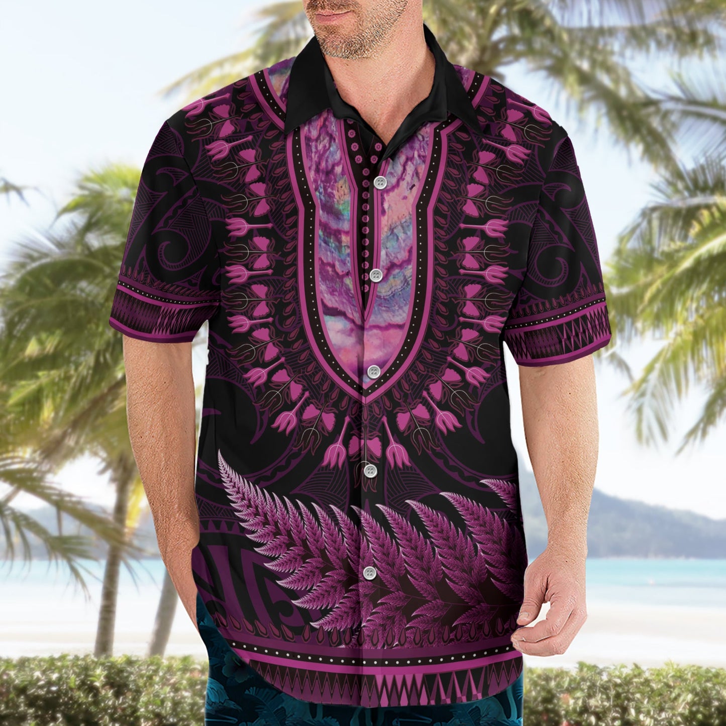 Rosa afrikanisches Dashiki mit Aotearoa Maori Hawaiihemd Paua Muschel Mix Silber Farn LT14