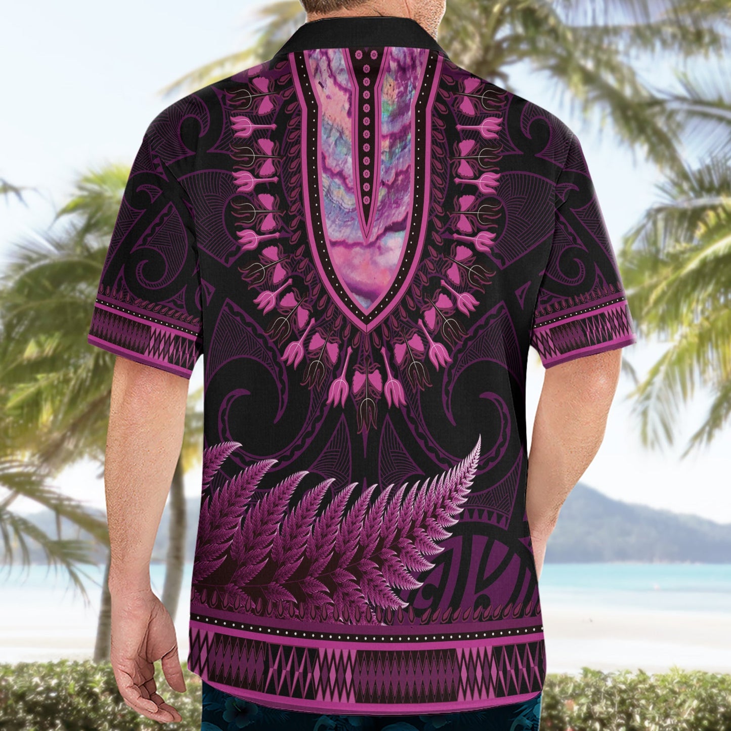 Rosa afrikanisches Dashiki mit Aotearoa Maori Hawaiihemd Paua Muschel Mix Silber Farn LT14