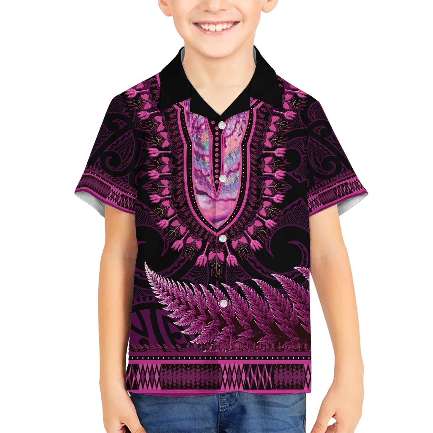 Rosa afrikanisches Dashiki mit Aotearoa Maori Hawaiihemd Paua Muschel Mix Silber Farn LT14