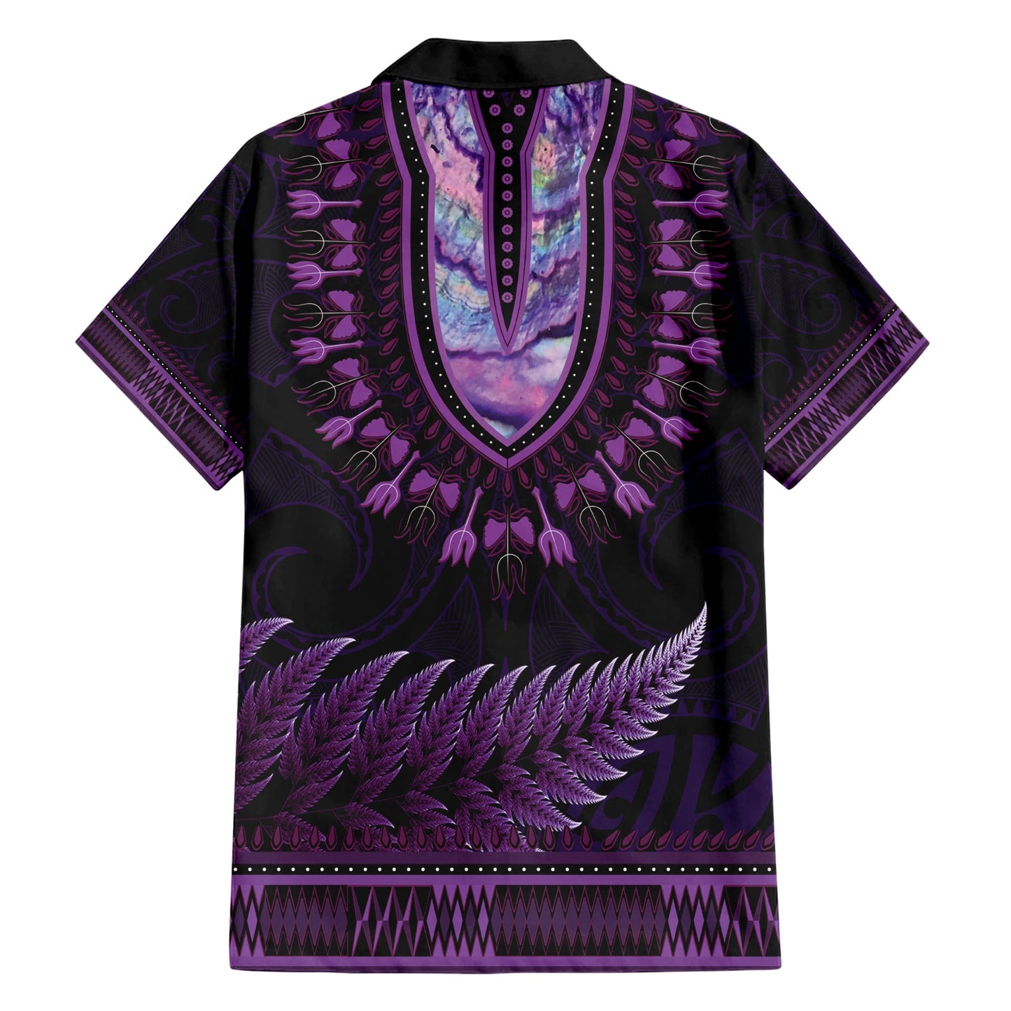 Lila afrikanisches Dashiki mit Aotearoa Maori Hawaiihemd Paua Muschel Mix Silber Farn LT14