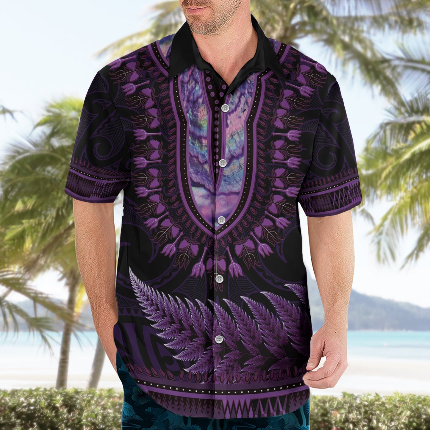 Lila afrikanisches Dashiki mit Aotearoa Maori Hawaiihemd Paua Muschel Mix Silber Farn LT14