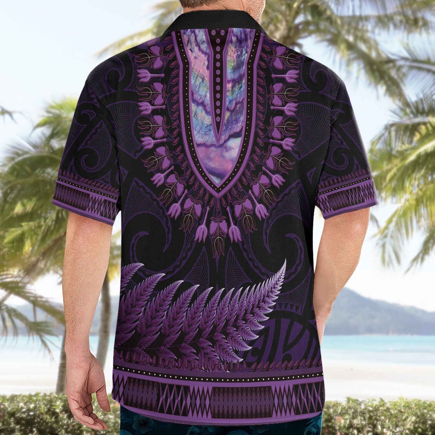 Lila afrikanisches Dashiki mit Aotearoa Maori Hawaiihemd Paua Muschel Mix Silber Farn LT14