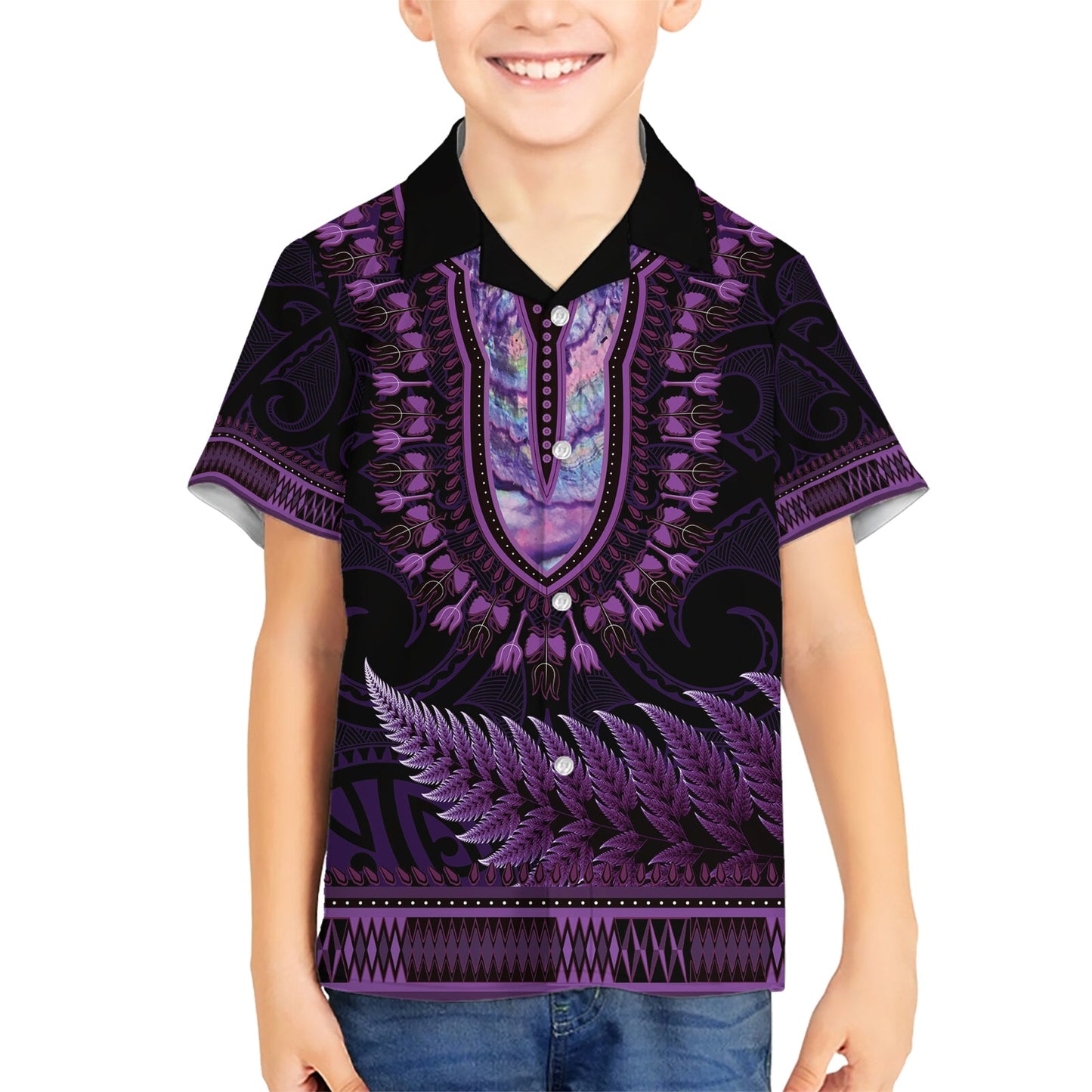 Lila afrikanisches Dashiki mit Aotearoa Maori Hawaiihemd Paua Muschel Mix Silber Farn LT14