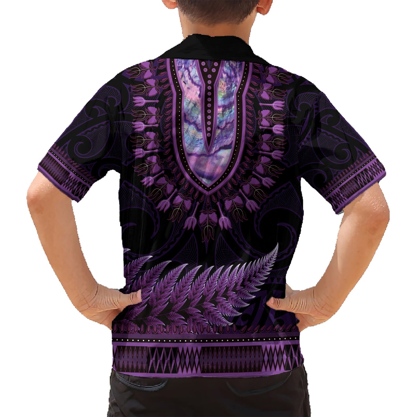Lila afrikanisches Dashiki mit Aotearoa Maori Hawaiihemd Paua Muschel Mix Silber Farn LT14