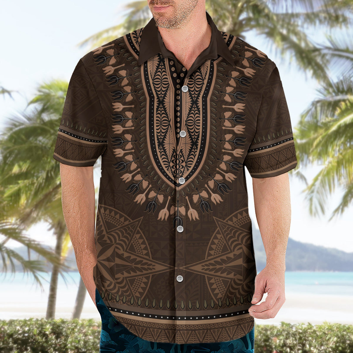 Braunes afrikanisches Dashiki mit Tonga-Ngatu-Muster, Hawaiihemd LT14