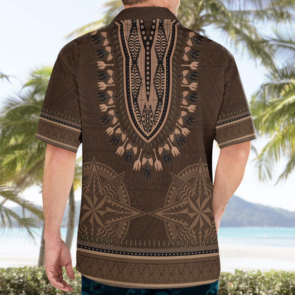Braunes afrikanisches Dashiki mit Tonga-Ngatu-Muster, Hawaiihemd LT14