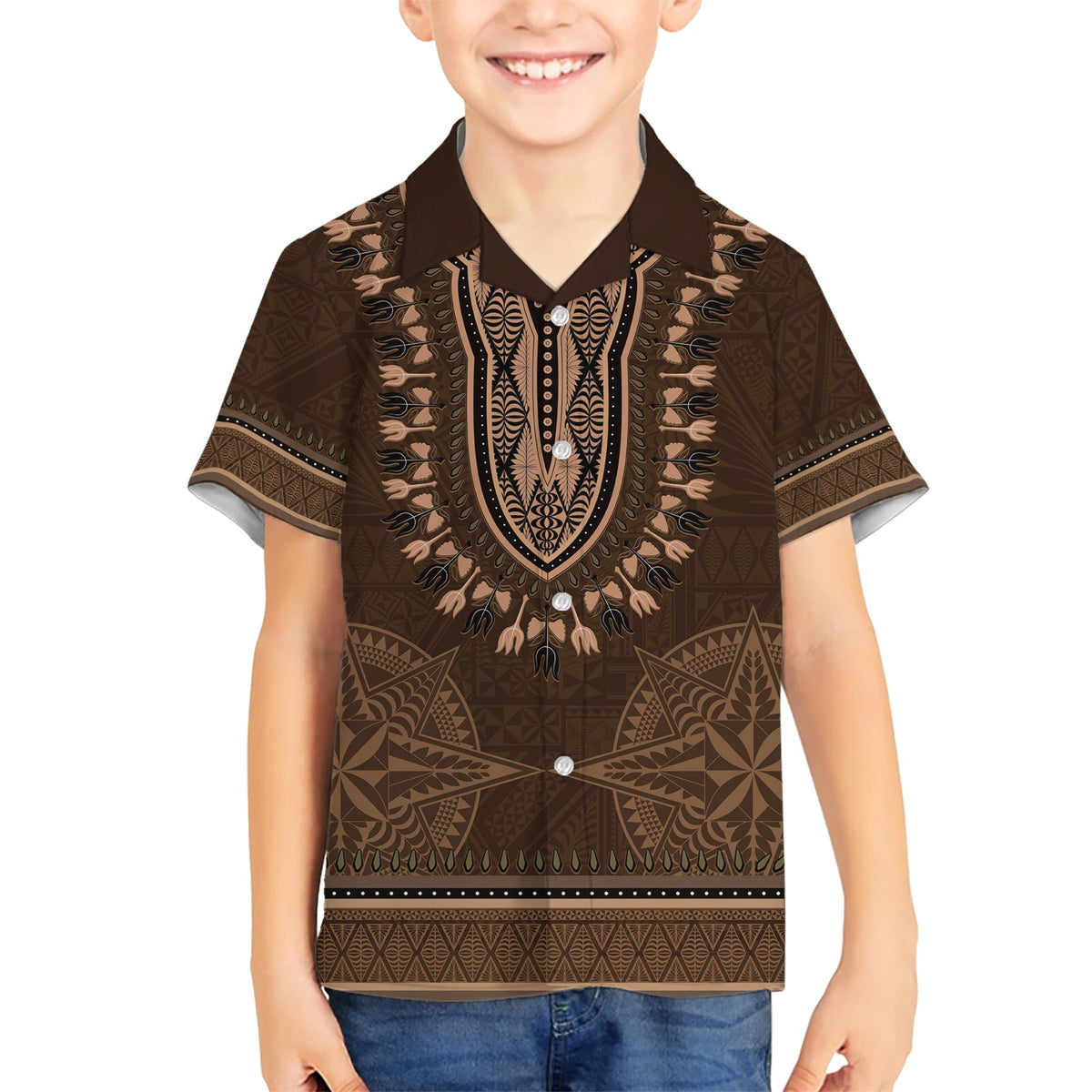 Braunes afrikanisches Dashiki mit Tonga-Ngatu-Muster, Hawaiihemd LT14