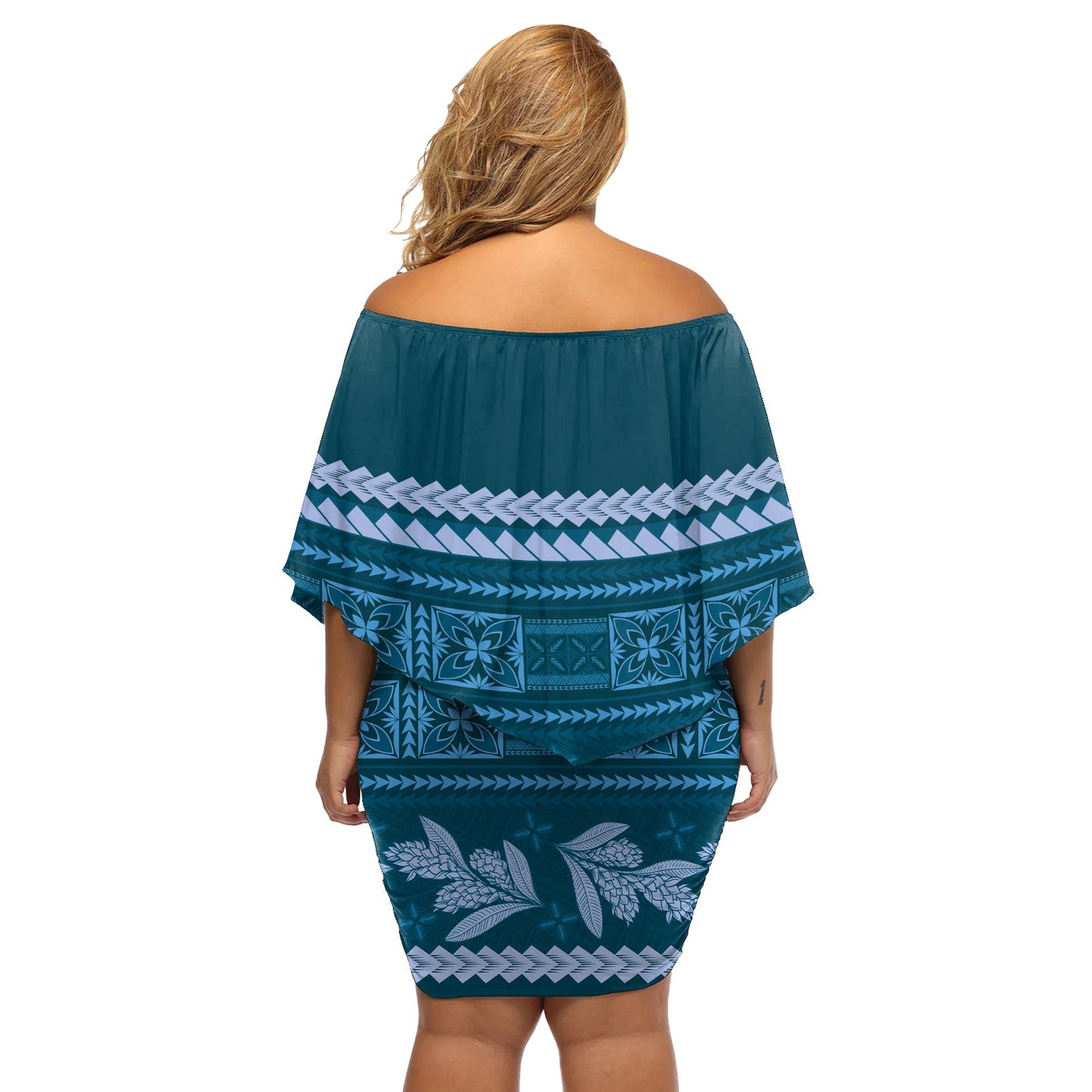 Dunkelcyan Samoa Siapo Teuila Blumen Schulterfreies Kurzes Kleid mit blumen LT14