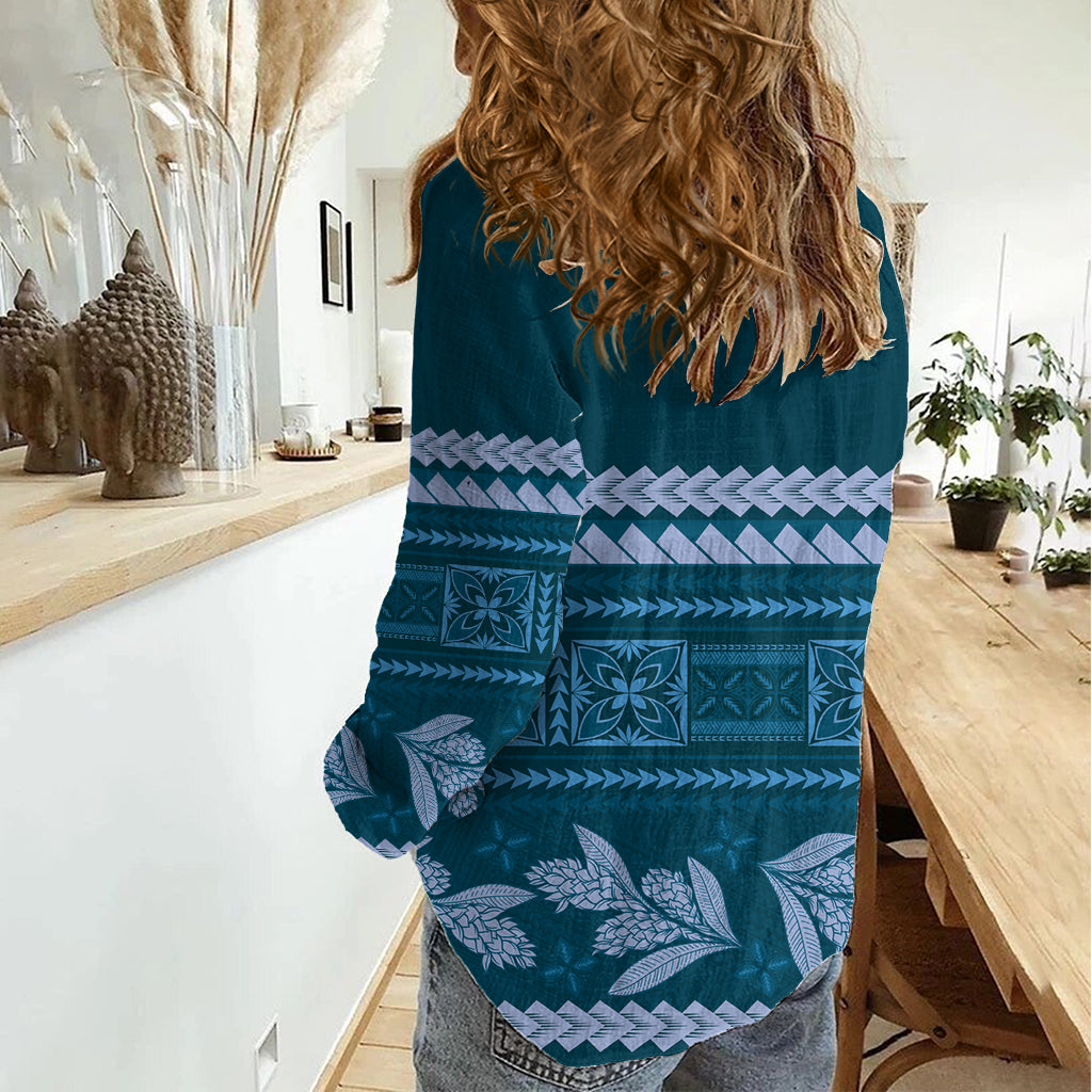Dunkel Cyan Samoa Siapo Teuila Blumen Frauen Casual Shirt LT14