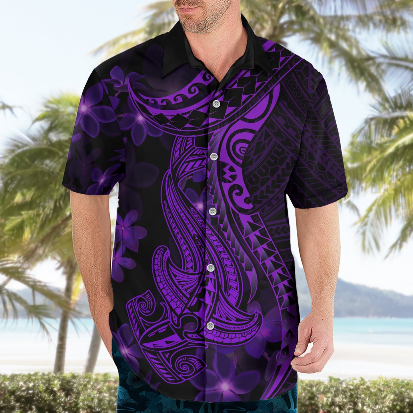 Lila Polynesien Hai Tattoo Hawaiihemd mit polynesischen Plumeria LT14
