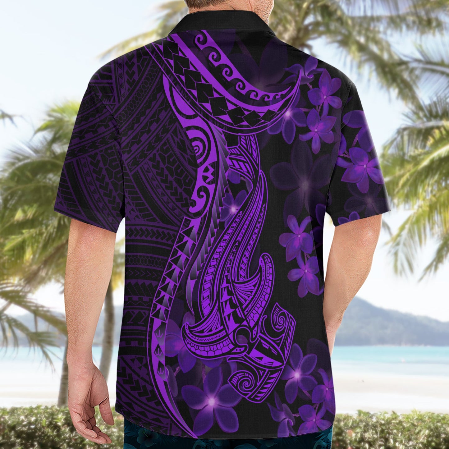 Lila Polynesien Hai Tattoo Hawaiihemd mit polynesischen Plumeria LT14