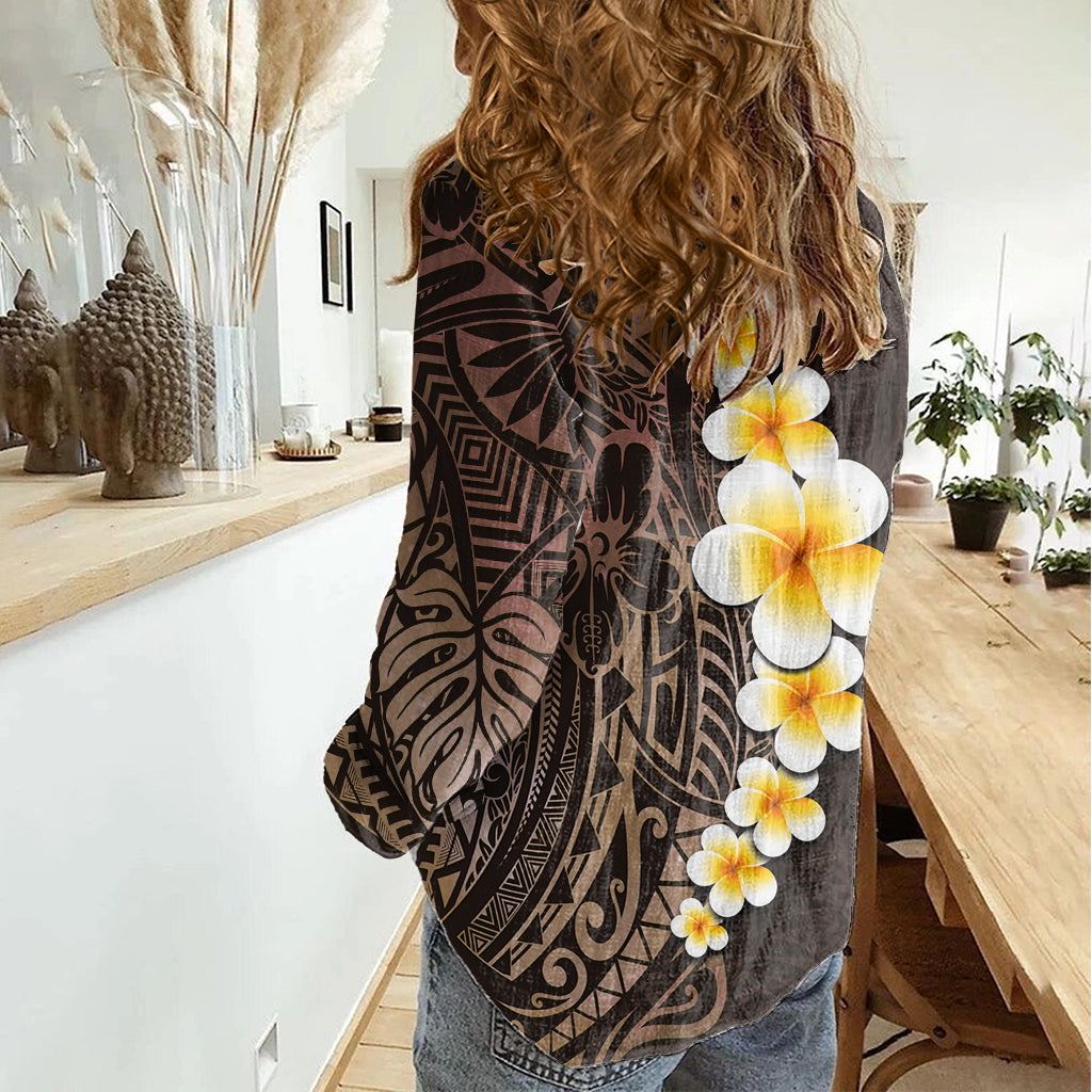 Braun Polynesian Frauen Casual Shirt Plumeria tropischen Blättern mit Galaxy Polynesian Art LT14
