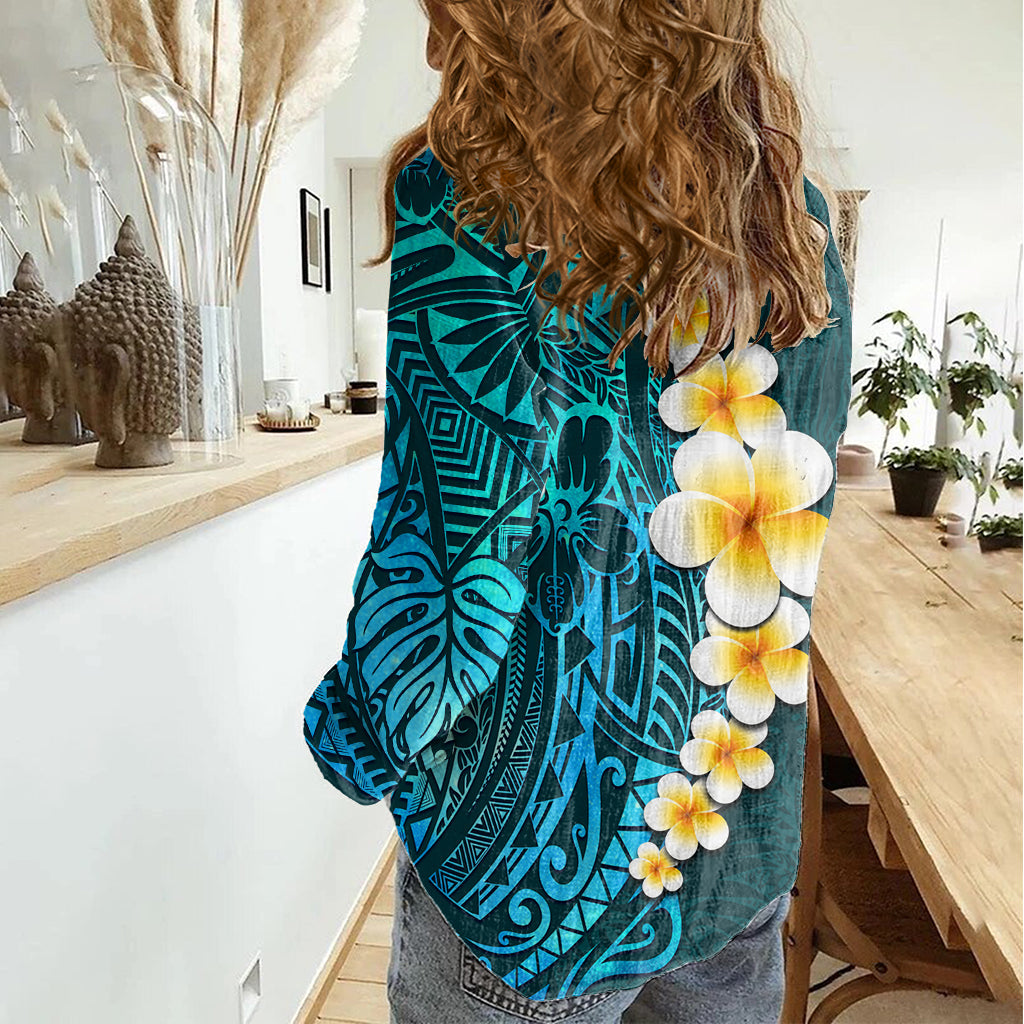 Türkises Polynesien Damen Casual Shirt Plumeria Tropische Blätter mit Galaxie Polynesian Art LT14