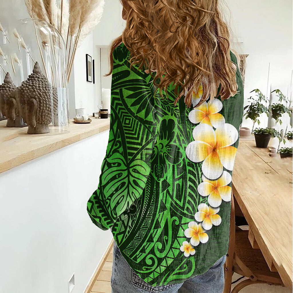Grünes Polynesien Damen Casual Shirt Plumeria Tropische Blätter mit Galaxie Polynesian Art LT14