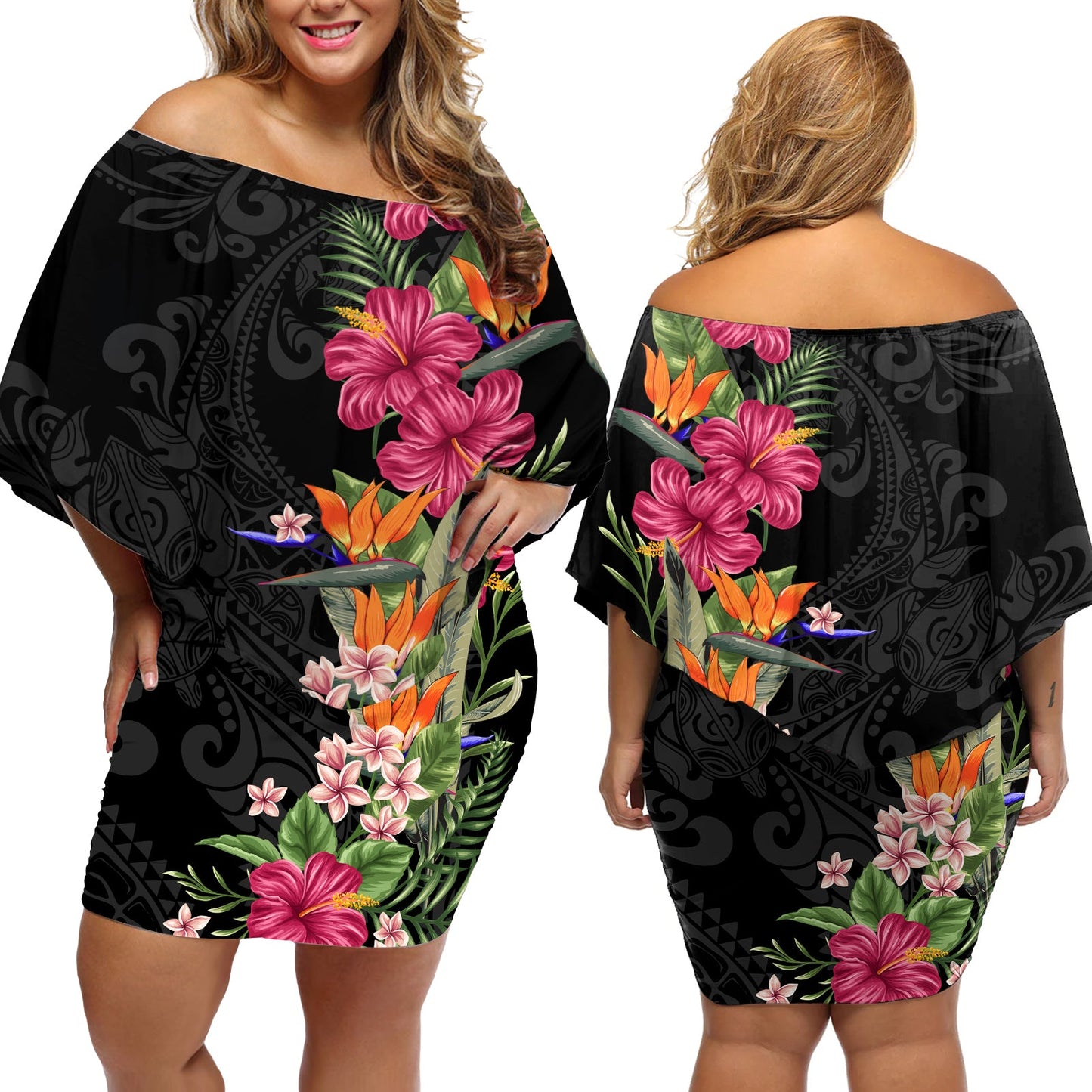 Hawaii Blumen Tribal Muster Off Shoulder Kurzes Kleider Blumen LT9