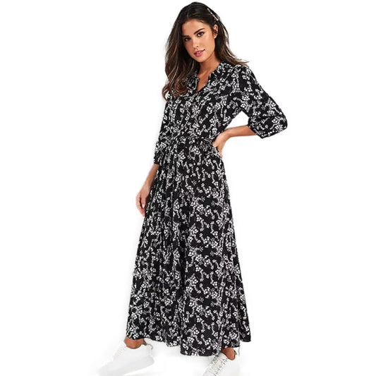 Robe Chemise Fleurie Noire Automne Hiver