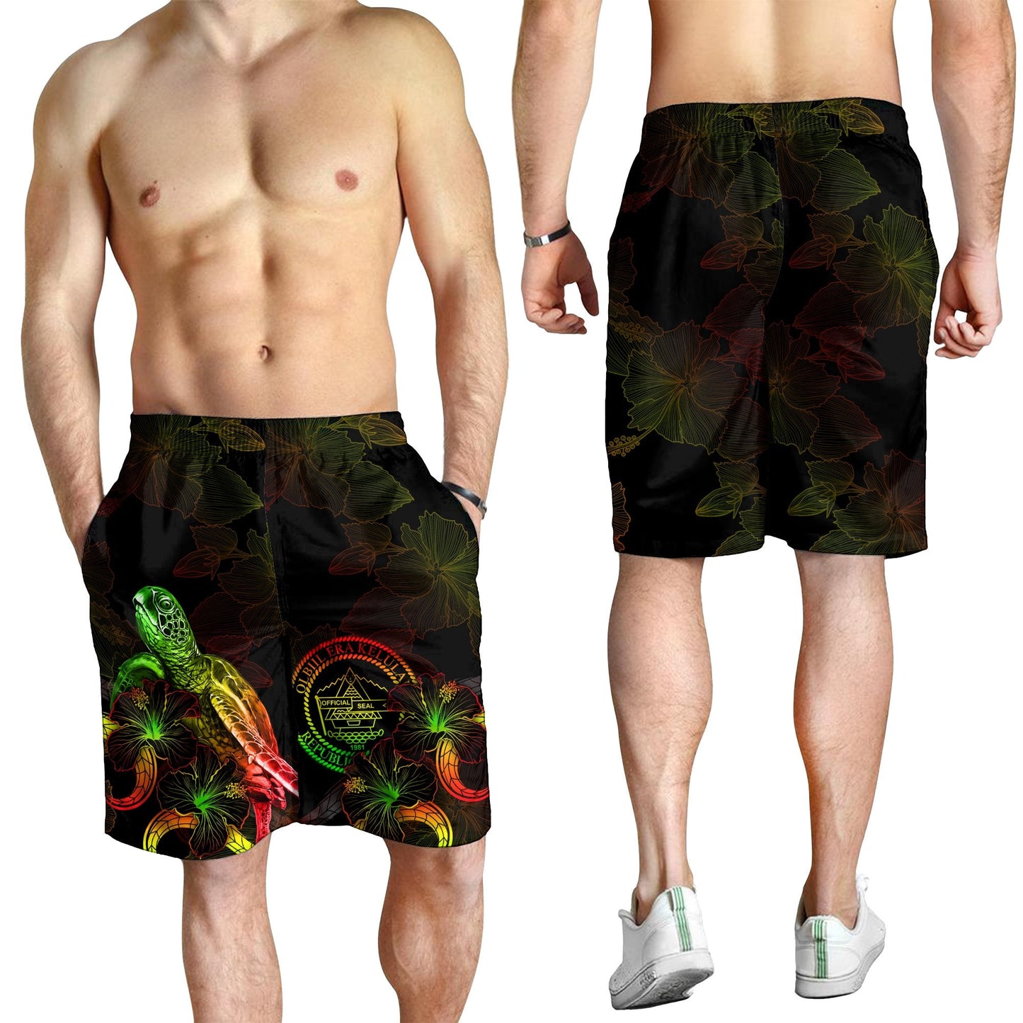 Palau Polynesian Herren Bermudas Shorts - Schildkröte mit blühendem Hibiskus Reggae